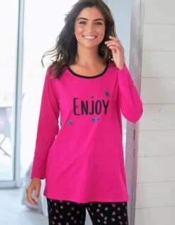 Tee-shirt Manches Longues Coton Uni Imprimé Placé "Enjoy"