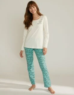 Tee-shirt De Pyjama Manches Longues Imprimé Placé Fleurs