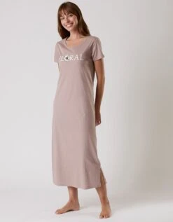 Chemise De Nuit Longue Manches Courtes En Coton Motif "Floral"