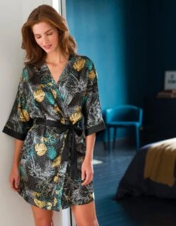 Peignoir Kimono En Satin Fluide Imprimé